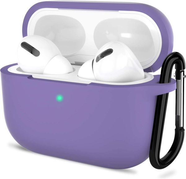 AirPods Pro Case Cover | Soft Silicone Protective Case for AirPods Pro | with Keychain Hook (Purple) - Purple